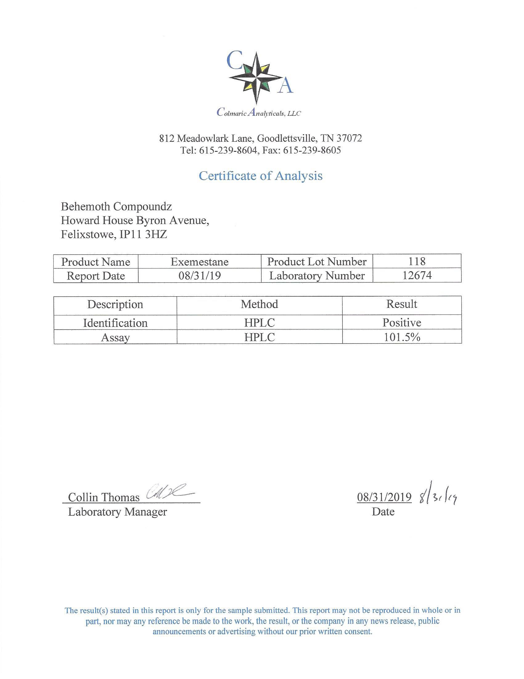Purity Certificates - Behemoth Compoundz - Exemestane