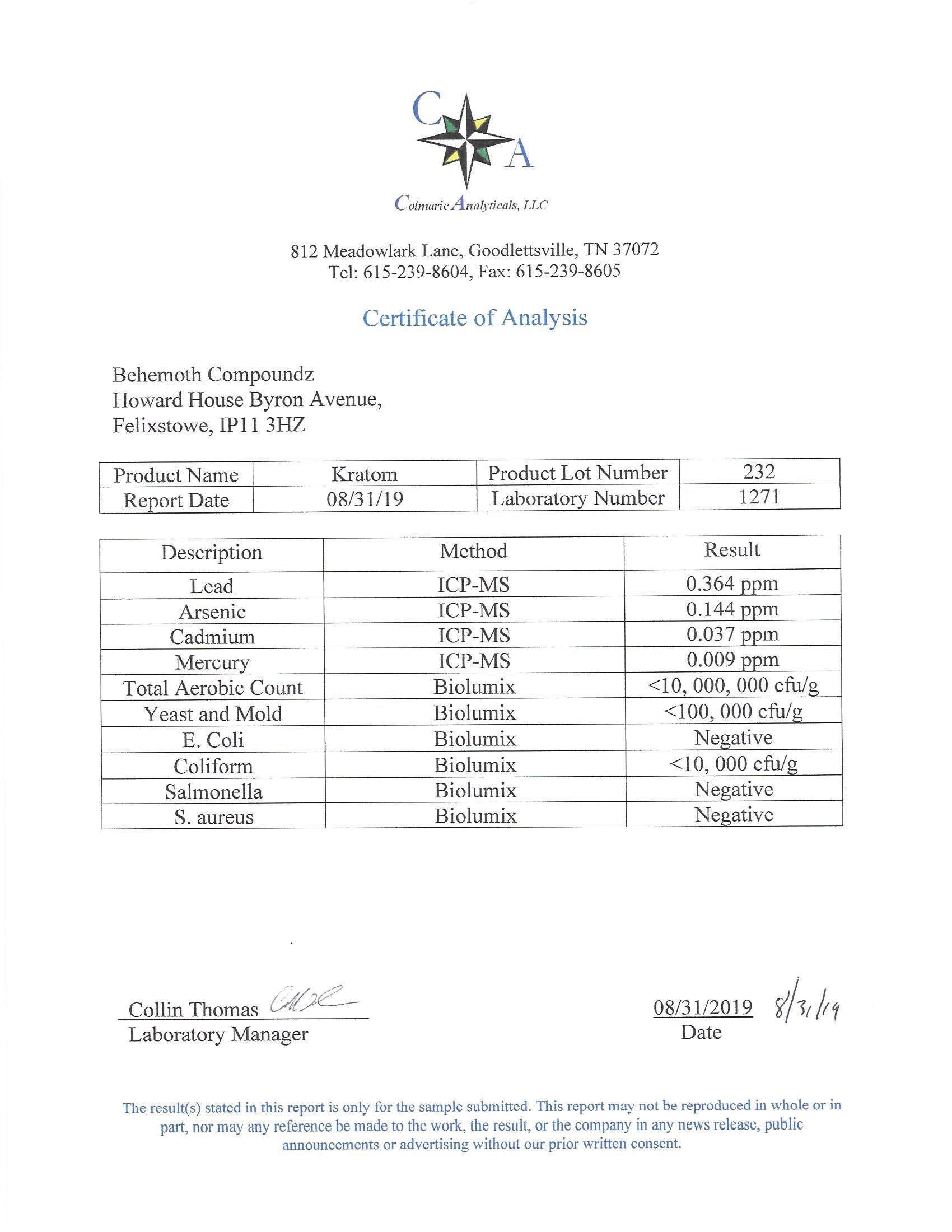 Purity Certificates - Behemoth Compoundz - Kratom samples