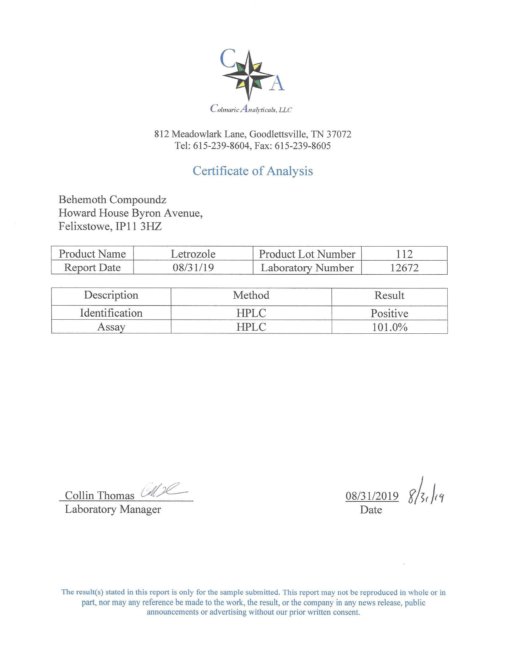 Purity Certificates - Behemoth Compoundz - Letrozole