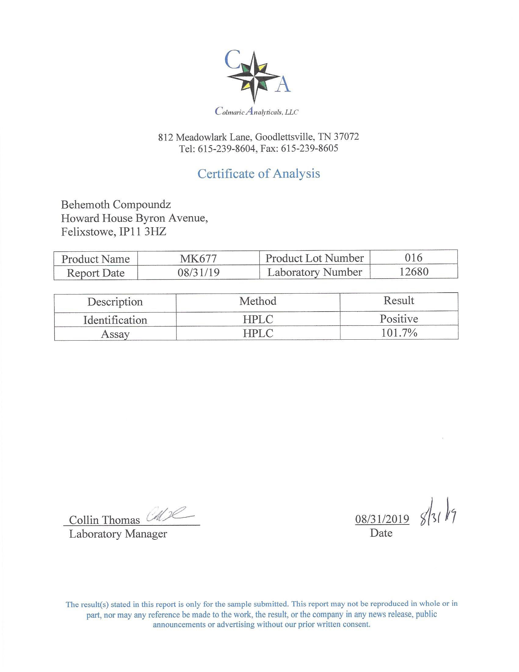 Purity Certificates - Behemoth Compoundz - MK-677