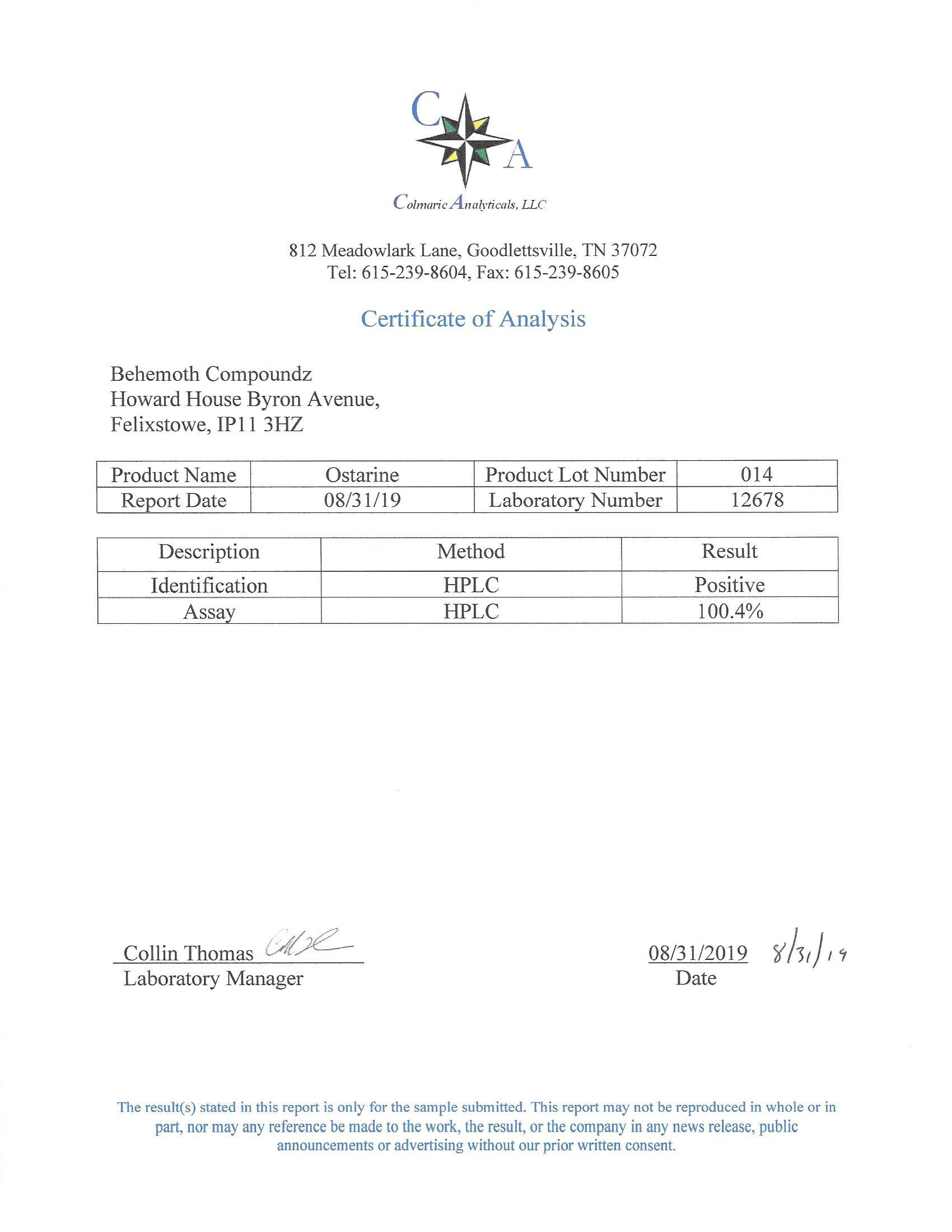 Purity Certificates - Behemoth Compoundz - Ostarine