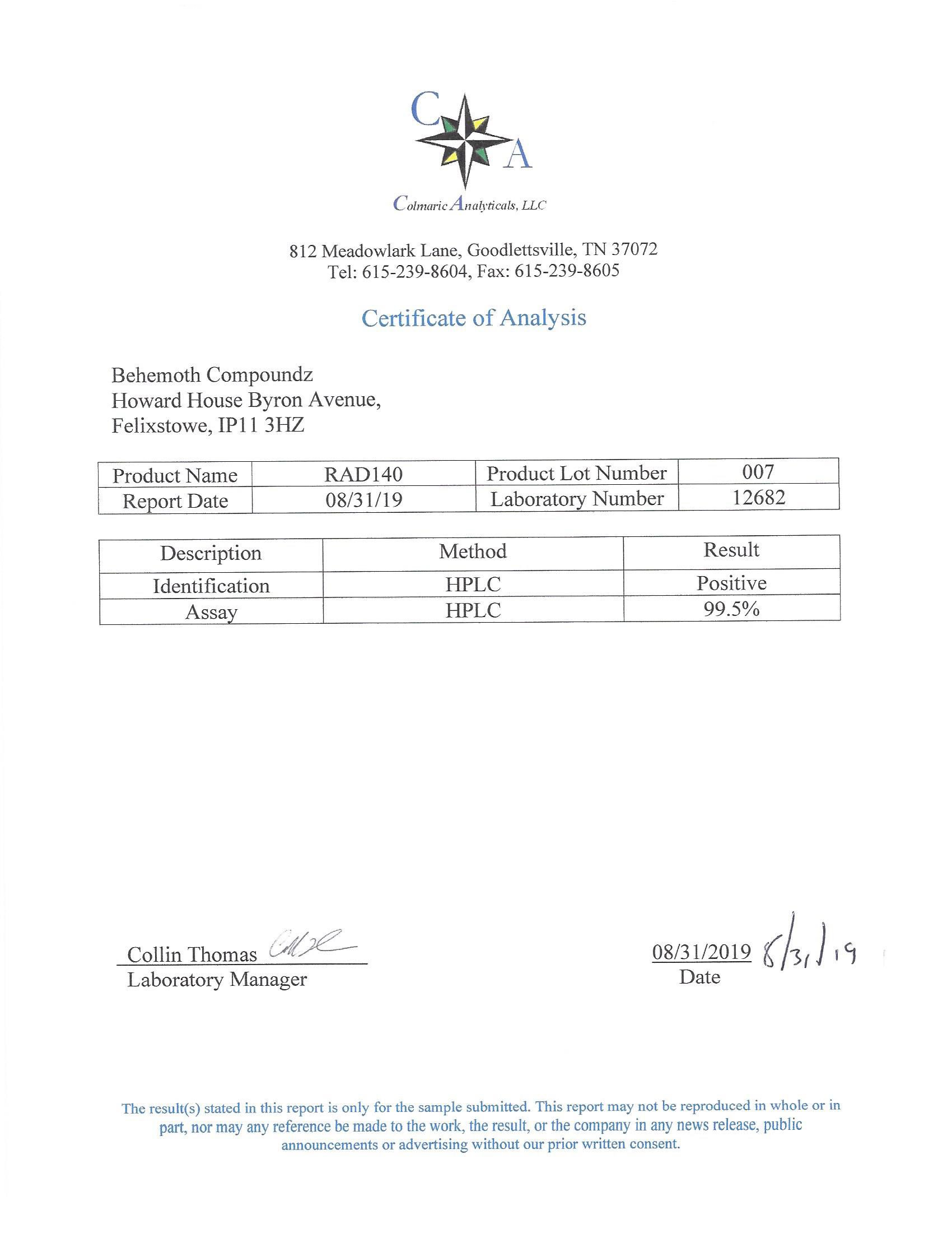 Purity Certificates - Behemoth Compoundz - RAD140