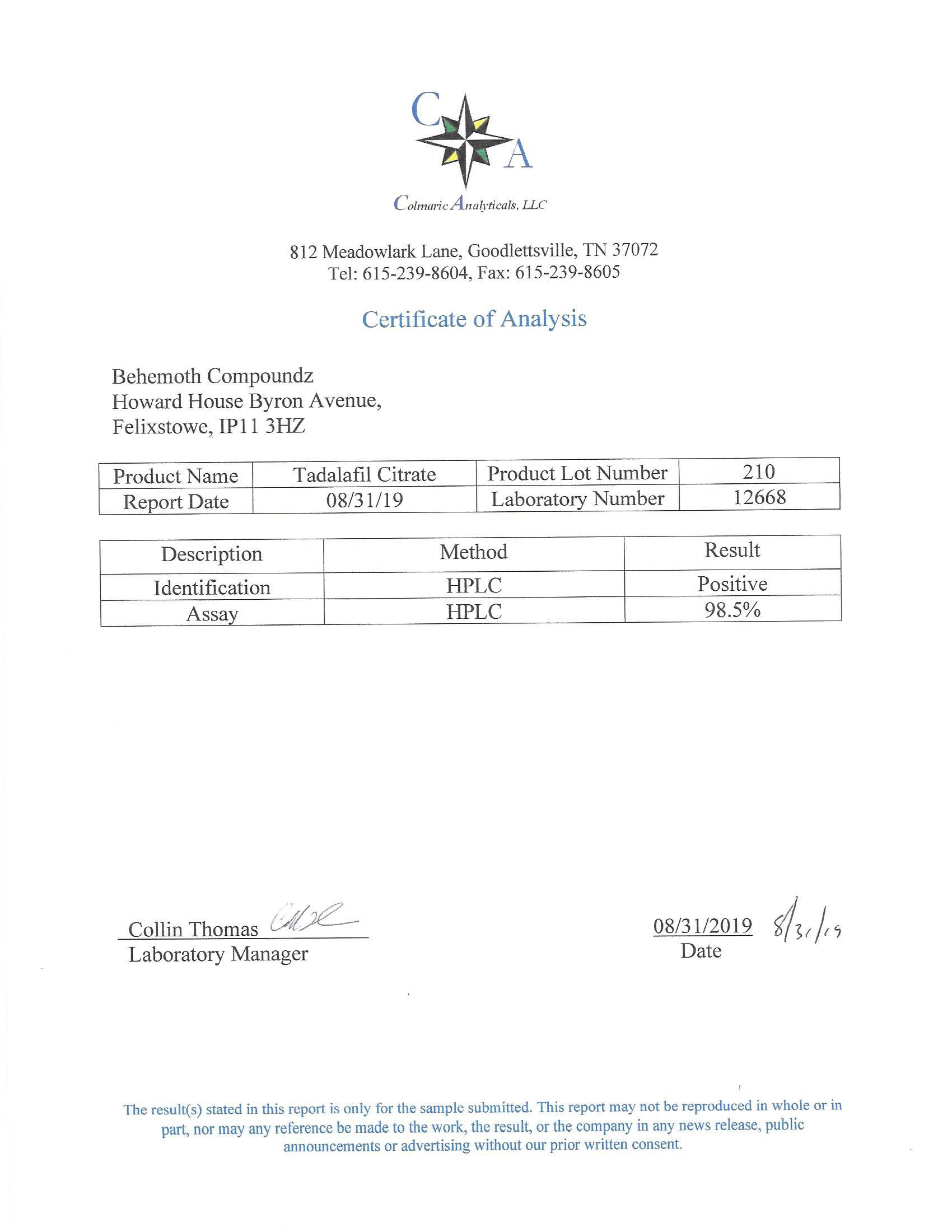 Purity Certificates - Behemoth Compoundz - Tadalafil Citrate