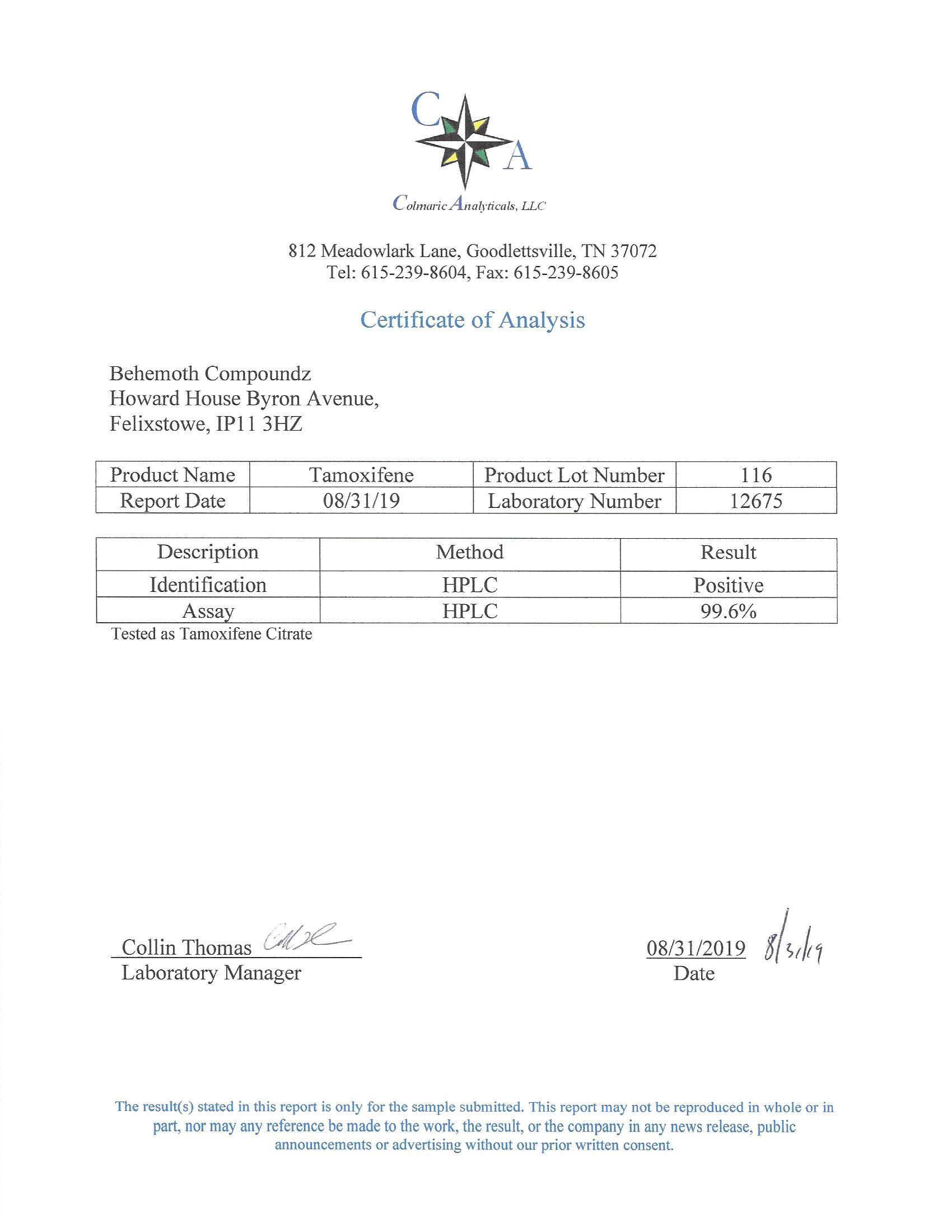 Purity Certificates - Behemoth Compoundz - Tamoxifene Citrate