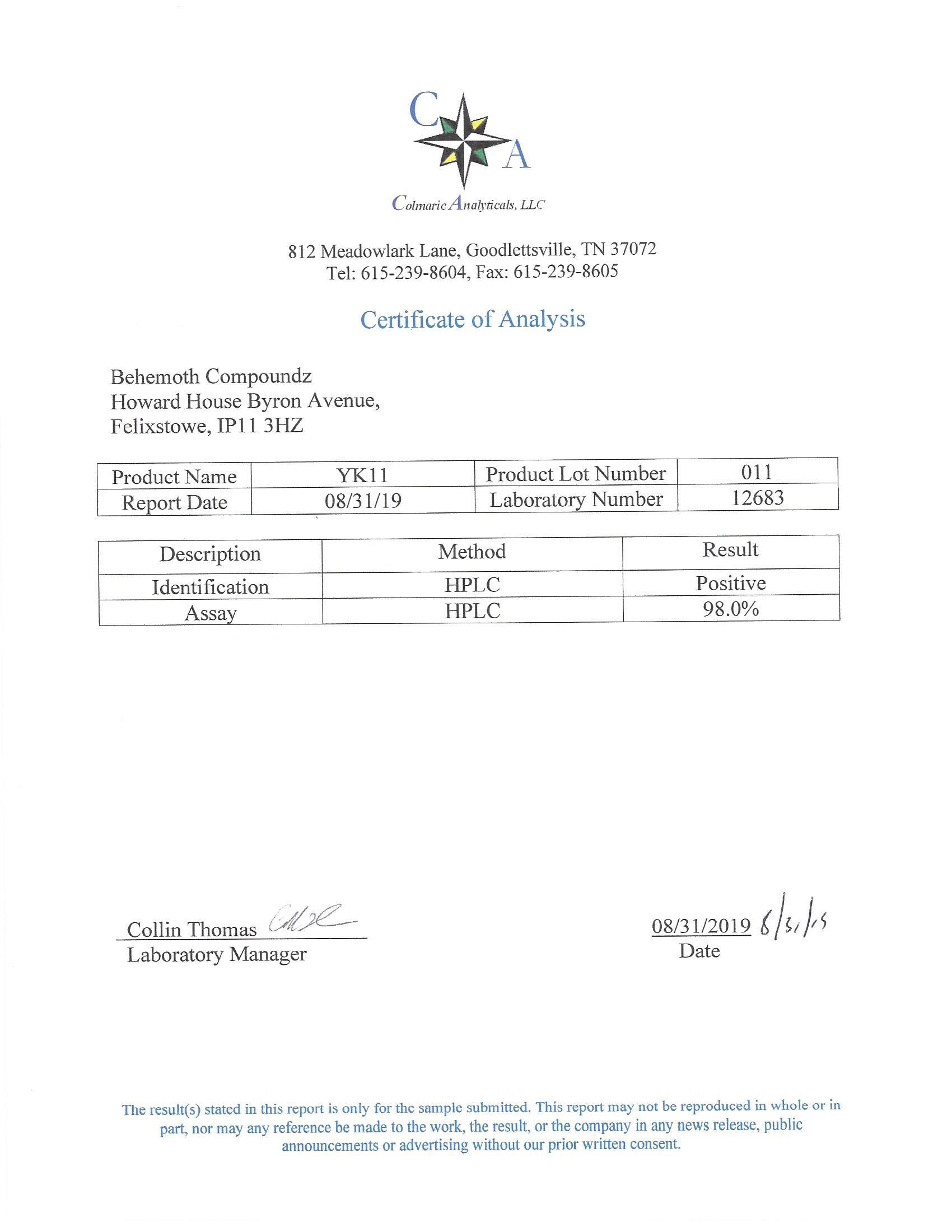Purity Certificates - Behemoth Compoundz - YK-11