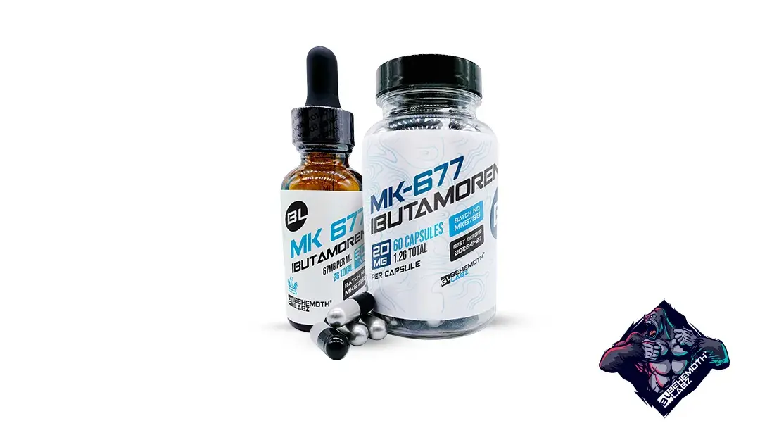 MK-677 Ibutamoren set: a dropper bottle beside a capsule jar with logo.